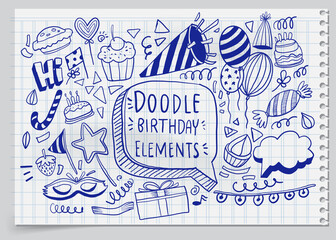 Happy Birthday background. Hand-drawn Birthday sets, party blowouts, party hats, gift boxes and bows, garlands and balloons and firework, candles on birthday pie.