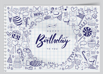 Happy Birthday background. Hand-drawn Birthday sets, party blowouts, party hats, gift boxes and bows, garlands and balloons and firework, candles on birthday pie.