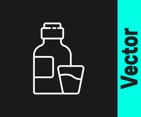 White line Bottle of medicine syrup and dose measuring cup solid icon isolated on black background. Vector Illustration.