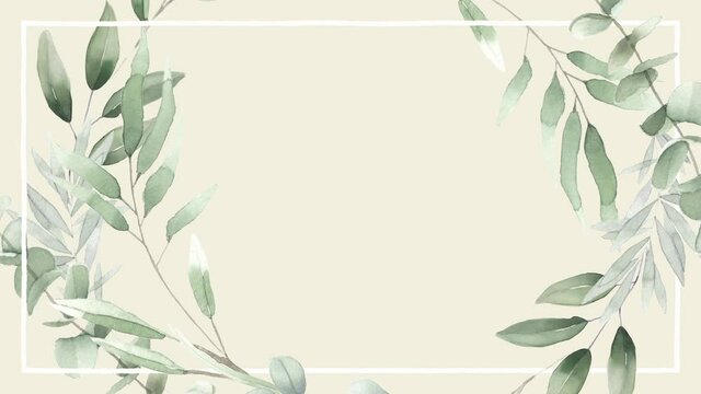 Delicate eucalyptus delicate watercolor animation leaves branches romantic light herbal boarder pastel light green beige