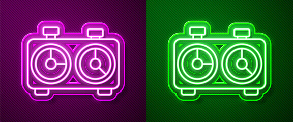 Glowing neon line Time chess clock icon isolated on purple and green background. Sport equipment. Vector Illustration.