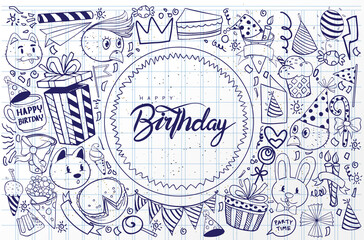 Happy Birthday background. Hand-drawn Birthday sets, party blowouts, party hats, gift boxes and bows, garlands and balloons and firework, candles on birthday pie.