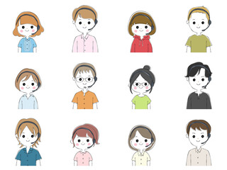 ヘッドセットをした12種類の若い男女セット　白背景
