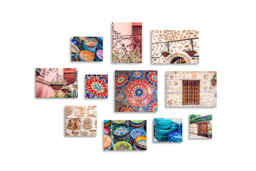Eleven canvas collage with street motif photography, colorful pictures of old city and pottery market