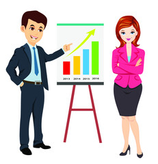 Business man along with business woman showing progress report