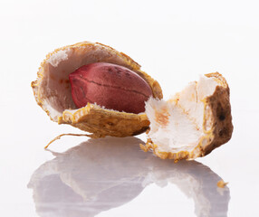 a peanut split in two with a nut inside isolated on a white background