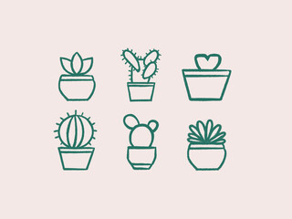 Cactus and succulent icons set. Included the icons as plant, thorn, spike, flower, houseplants, decoration line art