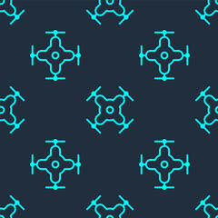 Green line Drone flying icon isolated seamless pattern on blue background. Quadrocopter with video and photo camera symbol. Vector Illustration.