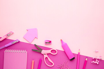 Obraz na płótnie Canvas School supplies on pink background with copy space. Back to school. Flat lay.