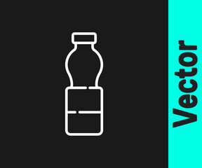 White line Bottle of water icon isolated on black background. Soda aqua drink sign. Vector Illustration.