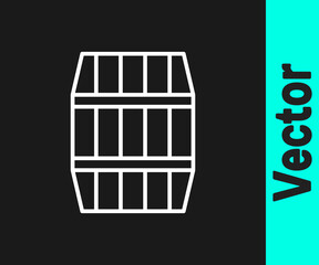 White line Wooden barrel icon isolated on black background. Alcohol barrel, drink container, wooden keg for beer, whiskey, wine. Vector Illustration.