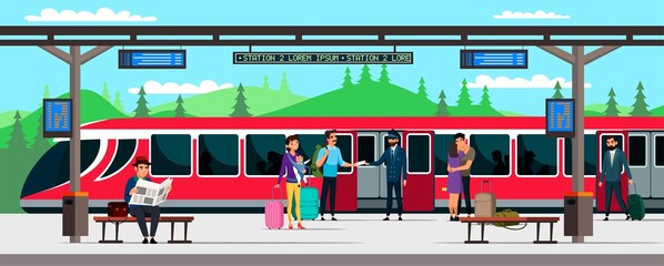 Vector character illustration of train station and passengers © backup_studio