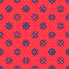 Fototapeta premium Blue line Atom icon isolated seamless pattern on red background. Symbol of science, education, nuclear physics, scientific research. Vector Illustration.