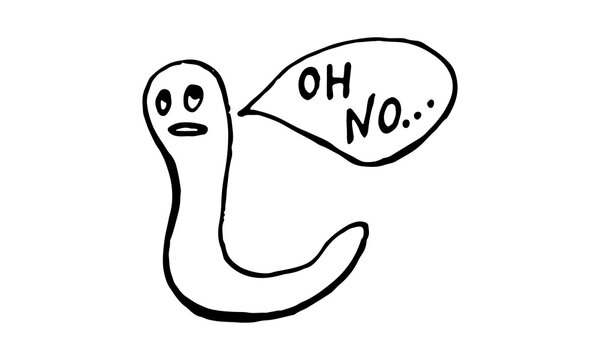 Funny worm with speech bubble. Hand drawn vector character illustration. Outline doodle drawing