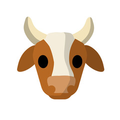 Cow. Head of horned animal. Icon of Cattle and farm. Funny brown bull. Village element. Countryside logo. Cartoon flat illustration