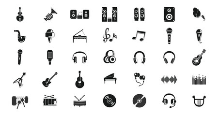 music icon set with musical instruments, guitar, drums, musical notes, headphones, microphone