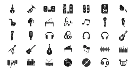Poster music icon set with musical instruments, guitar, drums, musical notes, headphones, microphone © Gunel