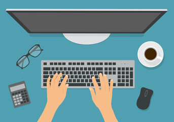 Flat design illustration of computer keyboard and monitor in office on desk with cup of coffee, mobile phone and calculator. Hands writing text, vector