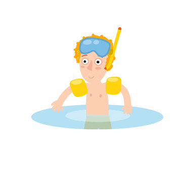 Boy in inflatable armbands learns to swim. Red hair Child plays in water. Mask for underwater diving. Summer holiday or vacation at sea. Cartoon flat illustration