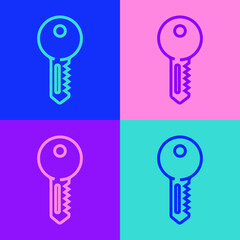 Pop art line House key icon isolated on color background. Vector Illustration.