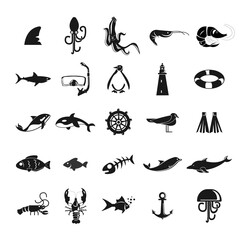 sea icon set with sea animals, shark, scuba mask, shrimp. fish, ship, crayfish, dolphin, whale, killer whale, jelly fish