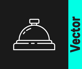 White line Hotel service bell icon isolated on black background. Reception bell. Vector Illustration.