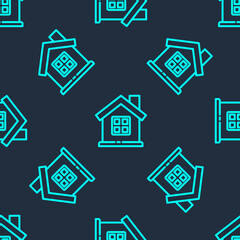 Green line House icon isolated seamless pattern on blue background. Home symbol. Vector Illustration.