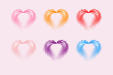 Heart shape bird fur set in different color. Design element for Valentine's day, beauty and fashion.