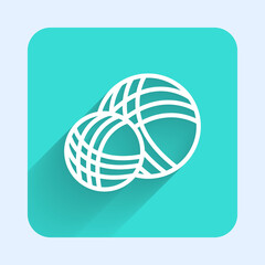 White line Yarn ball icon isolated with long shadow. Label for hand made, knitting or tailor shop. Green square button. Vector Illustration.