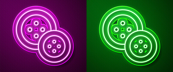 Fototapeta premium Glowing neon line Sewing button for clothes icon isolated on purple and green background. Clothing button. Vector Illustration.