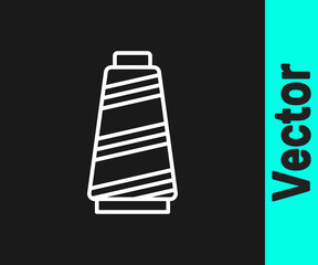 White line Sewing thread on spool icon isolated on black background. Yarn spool. Thread bobbin. Vector Illustration.