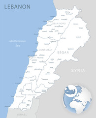 Blue-gray detailed map of Lebanon administrative divisions and location on the globe.