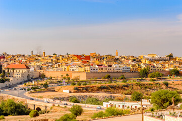 Fototapeta na wymiar It's Panoramic view of Meknes, a city in Morocco which was founded in the 11th century by the Almoravids as a military settlement,