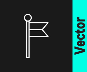 White line Flag icon isolated on black background. Location marker symbol. Vector Illustration.