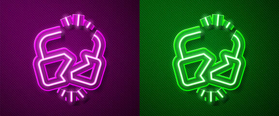Glowing neon line Broken or cracked lock icon isolated on purple and green background. Unlock sign. Vector Illustration.