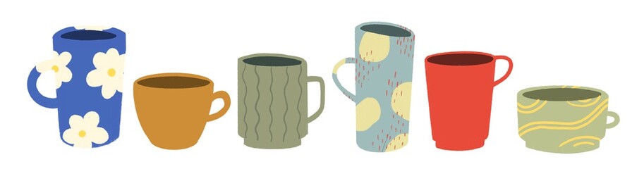 Colorful cups on white background. Mug illustration 