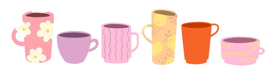 Colorful cups on white background. Mug illustration 