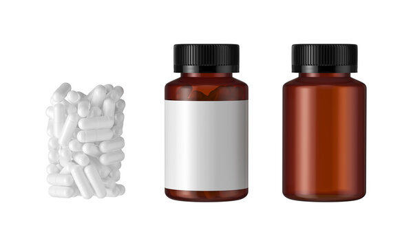 Brown plastic medicine bottle mockup isolated on white background, 3d rendering