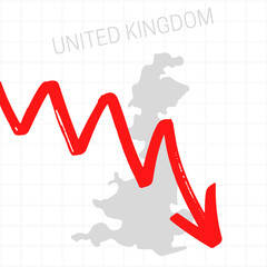 United Kingdom map with falling arrow. Financial stagnation, recession, crisis, business crash, stock markets down, economic collapse. Downward trend concept illustration on white background 
