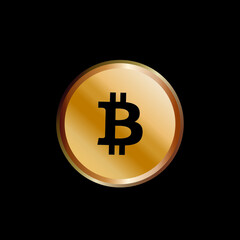 Golden bitcoin coin. Crypto currency golden coin bitcoin symbol isolated on black background. Futuristic digital money, vector illustration.