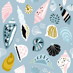 Seamless pattern with colorful creative seashells. Creative marine texture. Great for fabric, textile Vector Illustration