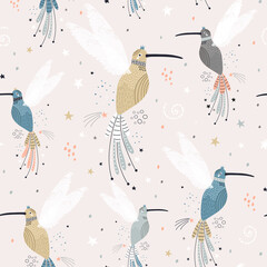 Naadloos kinderachtig patroon met fairy colibi, sterren. Creatieve Scandinavische stijl kinderen textuur voor stof, verpakking, textiel, behang, kleding. vector illustratie