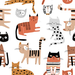 Seamless childish pattern with hand drawn cats in different poses. Creative kids hand drawn texture for fabric, wrapping, textile, wallpaper, apparel. Vector illustration