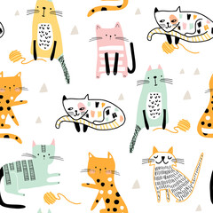 Seamless childish pattern with hand drawn cats. Creative kids hand drawn texture for fabric, wrapping, textile, wallpaper, apparel. Vector illustration