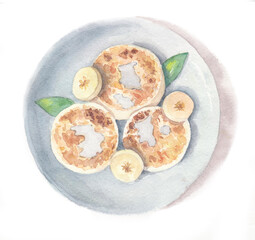 Watercolor cheesecakes with banana slices & mint leaves.