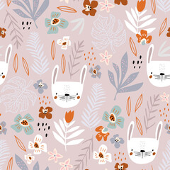Seamless pattern with bunny faces and floral elements. Creative childish texture. Great for fabric, textile Vector Illustration