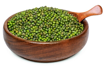 A heap of Mung bean in wooden bowl with wooden spoon