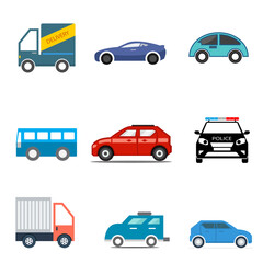 flat icons set,transportation,Car side view,Truck,Bus,Police car,vector illustrations