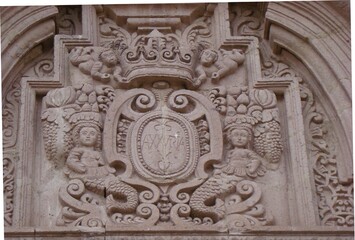Sculpted mermaids on the Church Santiago Apostol in Lampa (Altiplano, Puno Region, Peru)