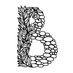 Hand of dawn vector letter B isolated on white background. English alphabet capital letters with a pattern of plants and stones. Beautiful natural illustration. Typographic Template. Eps 8.